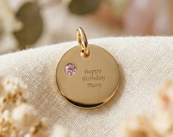 Personalized Birthstone Circle Charm, Custom Engraved Name Pendant, Stainless Steel Disc Charm, Minimalist Jewelry Gift