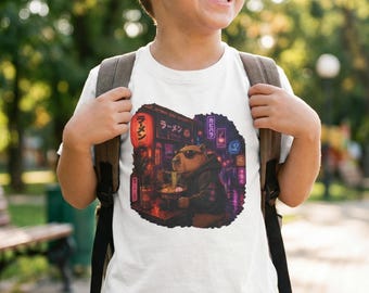 Camiseta infantil Cyberpunk Capybara Ramen, estampa neon Tokyo Night City, estilo streetwear anime, presente perfeito para crianças com estampa de capivara.