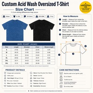 Custom acid wash oversized t-shirt in blue and black, with a size chart in inches. Features include a drop shoulder, short sleeve, and round neck. Fabric weight is 7.4 oz. Care instructions include machine wash at low temperature.