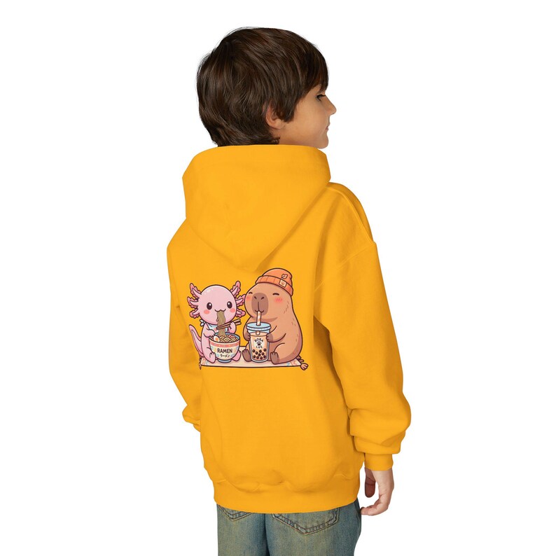Kid wearing gold Kawaii kids sweatshirt bubble tea ramen animal illustration