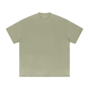 Heavyweight grey green drop shoulder t-shirt size chart with unisex measurements, 425 GSM cotton details, care instructions, and fit guide.