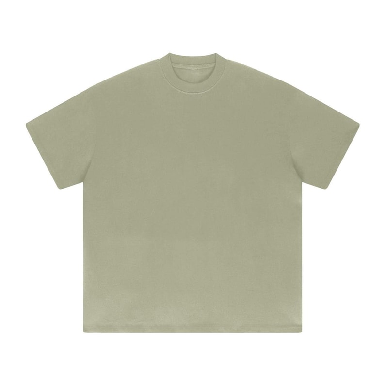 Heavyweight grey green drop shoulder t-shirt size chart with unisex measurements, 425 GSM cotton details, care instructions, and fit guide.