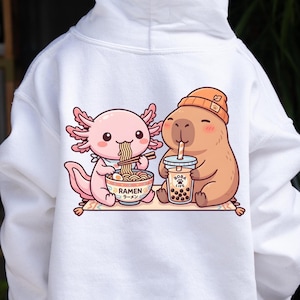 kid wearing white Axolotl capybara kids hoodie kawaii ramen boba design