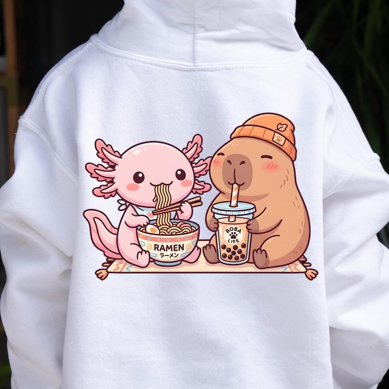kid wearing white Axolotl capybara kids hoodie kawaii ramen boba design