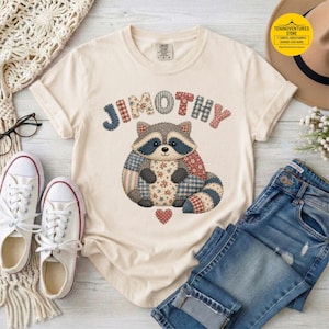 Patchwork Raccoon Shirt, Jimothy Raccoon Tee, Cute Quilted Animal Top, Cottagecore Fall Graphic, Trash Panda Shirt, Boho Comfort Colors Tee
