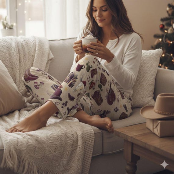 Cowgirl Christmas Pajama Pants | Western Holiday Lounge Bottoms, Womens Pajama Pants Home Lounge Sleep Style