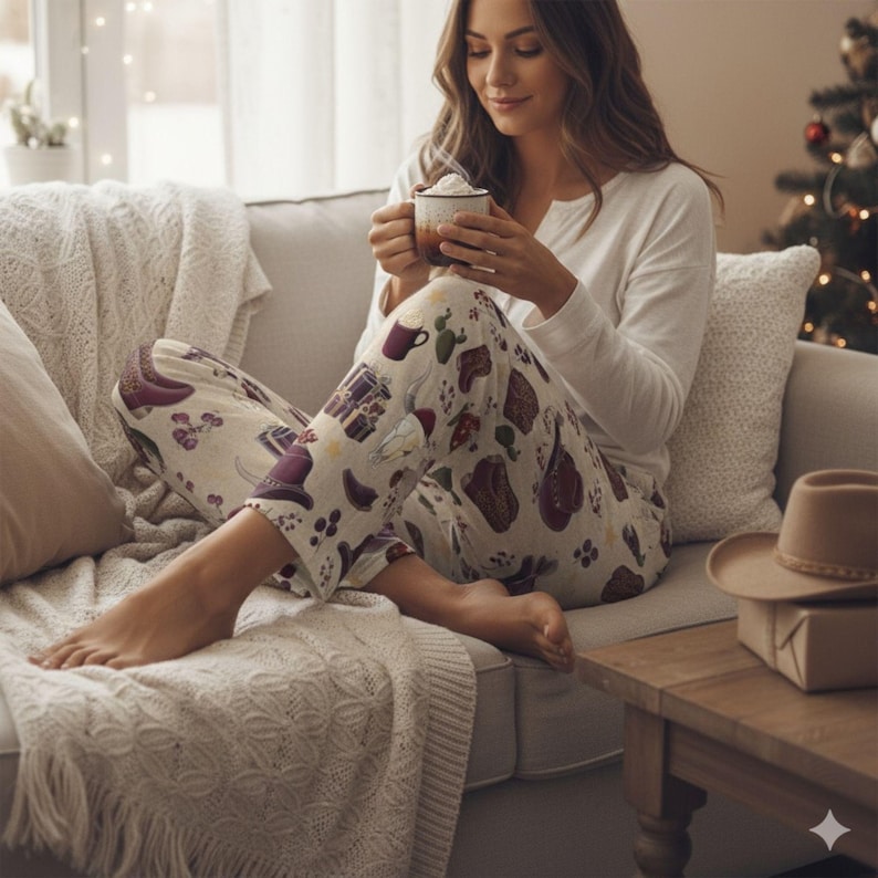 Cowgirl Western Christmas Bow Women's Pajama Pants, Holiday Western Wear, Festive Lounge Bottoms, Christmas Gift for Her, Women's Sleepwear