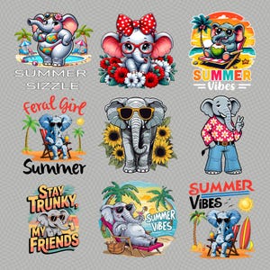 Puede incluir: Una colección de nueve ilustraciones de elefantes de dibujos animados con temas veraniegos. Los diseños incluyen elefantes en traje de baño, con gafas de sol, camisas florales y lazos, acompañados de textos como Summer Sizzle, Summer Vibes, Feral Girl y Stay Trunky My Friends.