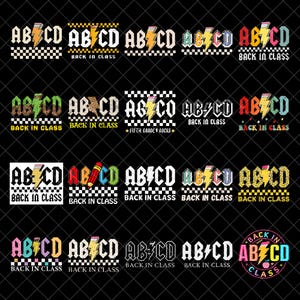Puede incluir: Una colección de diseños gráficos coloridos con las letras ABCD, rayos y la frase "BACK IN CLASS". Los diseños incluyen patrones de cuadros, lápices y efectos de purpurina, adecuados para temas de regreso a clases.