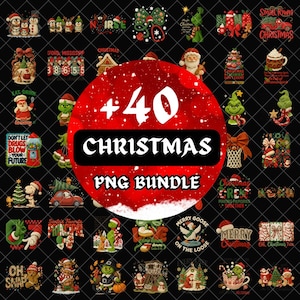 Puede incluir: Un conjunto de 40 gráficos PNG con temática navideña. Las imágenes incluyen a Papá Noel, el Grinch, pingüinos, árboles de Navidad y varias frases festivas como "Merry Christmas". El conjunto está sobre un fondo negro.