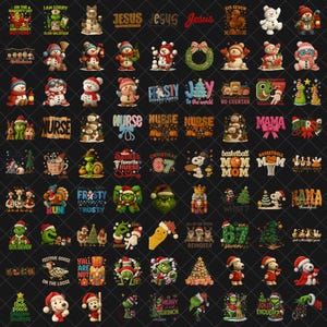 Puede incluir: Una colección de diseños gráficos con temática navideña que presenta muñecos de nieve, Grinches, Snoopy y texto festivo. Los diseños incluyen frases como "Merry Grinchmas", "On the Naughty List" y "Jesus". Las imágenes son de varios colores y estilos.