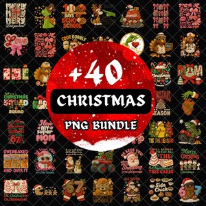 Puede incluir: Un conjunto de 40 gráficos PNG con temática navideña. Las imágenes presentan varios diseños navideños, incluyendo a Papá Noel, árboles de Navidad y texto festivo. La combinación de colores es una mezcla de rojo, verde y blanco sobre un fondo negro.