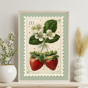 Impresión de póster con sello postal de fresa vintage, impresión retro de fresa, póster de frutas, arte de pared vintage, impresión de fresa floral antigua