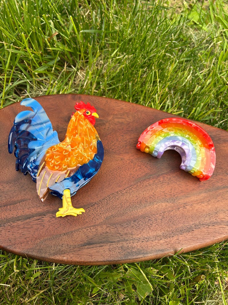 May include: A colorful rooster and rainbow-shaped brooch set on a wooden surface. The rooster features blue, orange, and yellow accents. The rainbow brooch displays a spectrum of colors. The items are set against a backdrop of green grass.
