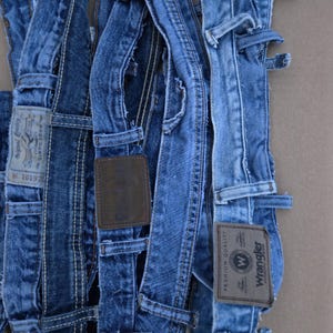 10, 25 feet denim blue jean waistbands, Denim Waistband Pieces, belt loops, Recycled Jeans, Quits, Totes, Purses, Sewing,Crafts, Jean jacket