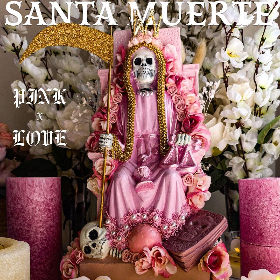 Santa Muerte Rosa on Throne, Esoteric Figure of Love and Fidelity, , SantaMuerte, Flowers, altar, Goddess Figurine, 14 inches, Sculptures