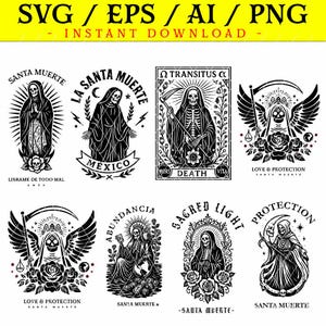 以下が含まれることがあります： 様々なサンタ・ムエルテのデザインが施された白黒のデジタルアート。各デザインには、骸骨の姿が様々なポーズで描かれており、「サンタ・ムエルテ」、「メキシコ」、「愛と保護」などのテキストが含まれています。