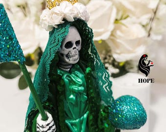 Green Plaster Santa Muerte | Handmade Decorative Figurine | Abundance, Prosperity, and Open Roads
