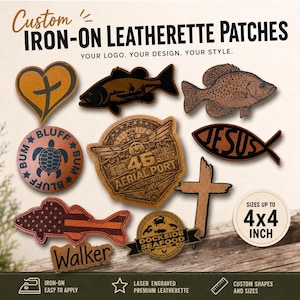 May include: A collection of custom iron-on leatherette patches featuring various laser-engraved designs including a heart with a cross, fish, a turtle, a 46 Aerial Port Squadron emblem, a Jesus fish symbol, a cross, and text. Sizes up to 4x4 inch.