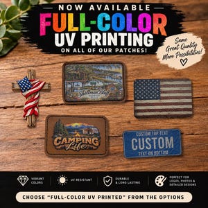 May include: A collection of rectangular and cross-shaped patches featuring full-color UV printing. Designs include a Shellman Bluff landscape, an American flag, a camping scene with the text Camping Life, and a blue patch with Custom text.
