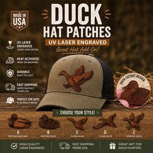 Duck Hat Patch | UV Laser Engraved Leatherette Patch | Iron On Duck Cutout | Hunting Hat Patch | Great Hat Add-on
