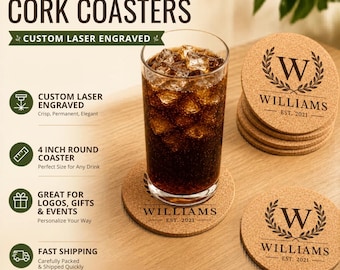 Personalized Laser Engraved Cork Coasters Bundle Pack Custom Design