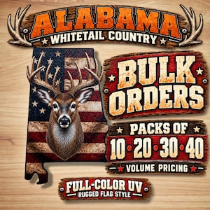 Bulk Alabama Deer Hunting Patches, Whitetail Buck Hat Patch, State Shape Leatherette, Laser or Full Color UV, Packs 10-40