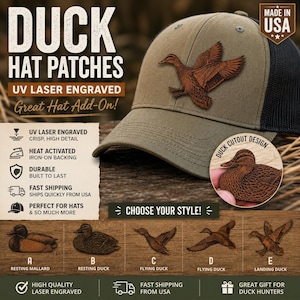 May include: A baseball cap with a brown duck patch. The hat is olive green with a black mesh back. The image also shows a close-up of a duck cutout design and various duck patch styles.