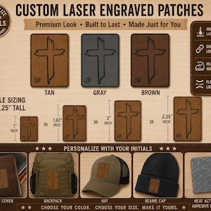 May include: Custom laser engraved rectangular patches in tan, gray, and brown, featuring a cross design and initials. Available in sizes from 1 inch to 2.25 inches tall, these patches have heat-activated adhesive backing for application to items.