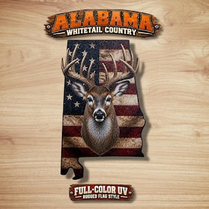 Alabama Deer Hunting Patch, Whitetail Buck Iron On Hat Patch, State Shape Leatherette Patch, Laser Engraved or Full Color