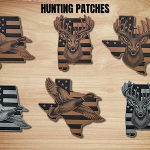May include: Hunting patches featuring state outlines with American flag designs and wildlife illustrations. Includes a duck and deer, with the text "HUNTING PATCHES" at the top.