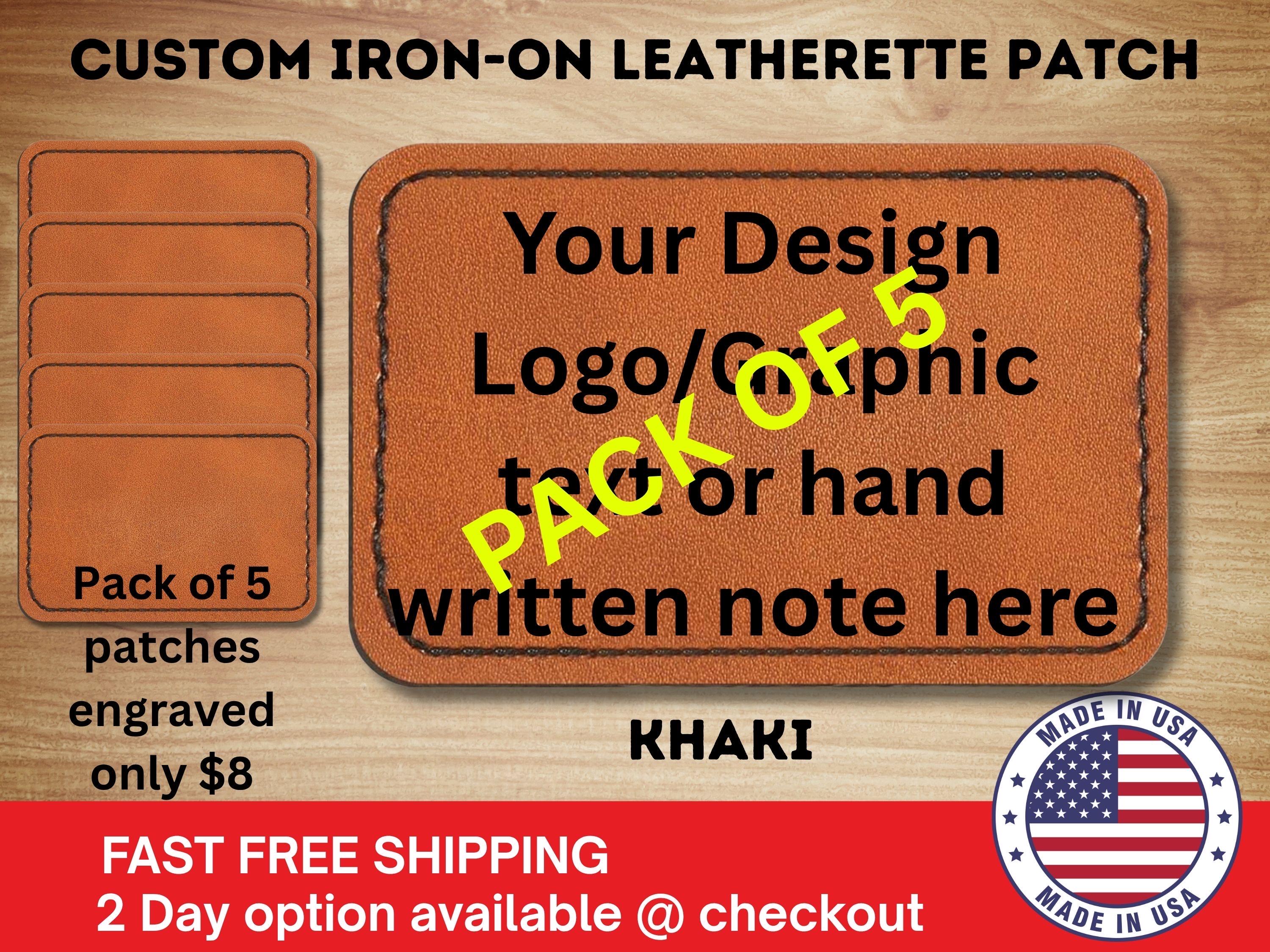 Custom Iron On Patches for Logo Graphics Text on Faux leather khaki patches Laser cut engraved patch book bags book cover beanie hat