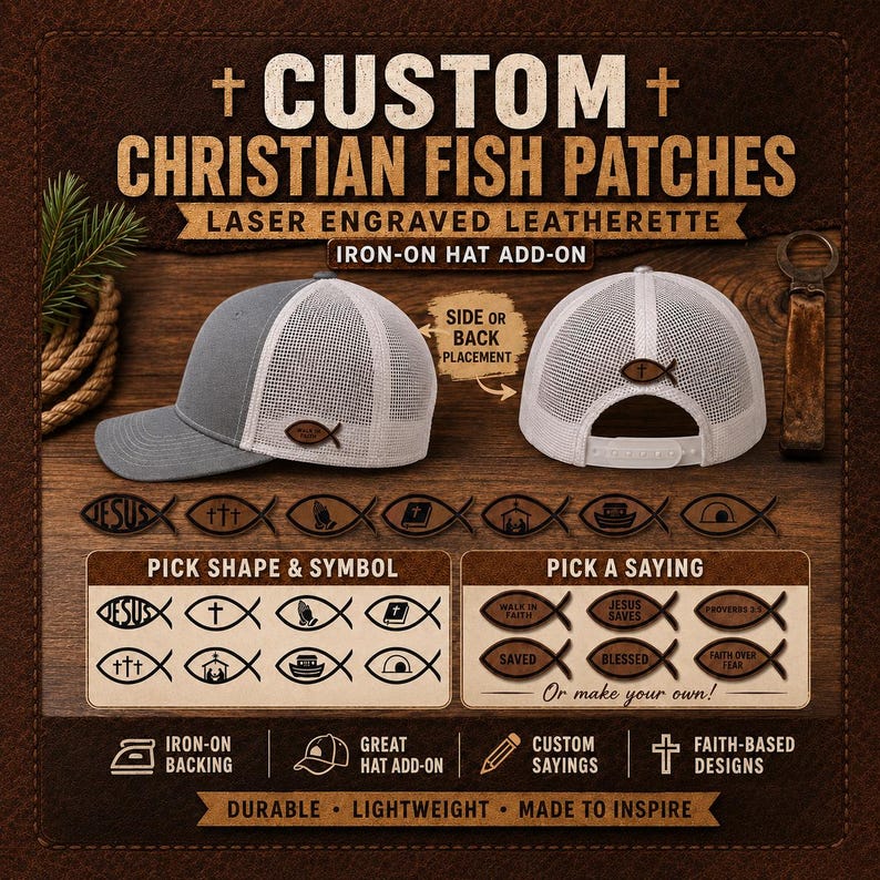Laser Engraved Faux Leather Christian Fish Patch: Hat Iron-on Applique ...