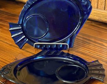 Vintage Cobalt Blue Fish Plates Set of 2 Coastal Nautical Glass Dishes