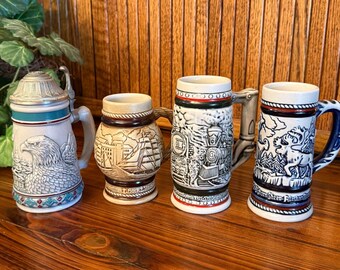 Vintage Avon Collectible Beer Stein Mug Lot of 4 Wildlife Nautical Train