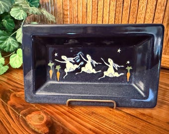 Karen Howell Art Pottery Dancing Rabbits Carrot Blue Rectangular Trinket Dish
