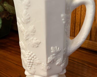 Westmoreland White Milk Glass Paneled Grape Pedestal Pitcher Vintage