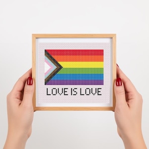 May include: A framed cross-stitch featuring the Pride flag with a rainbow design and a progressive Pride flag element. The text "LOVE IS LOVE" is stitched below the flag. The frame is made of light-colored wood.