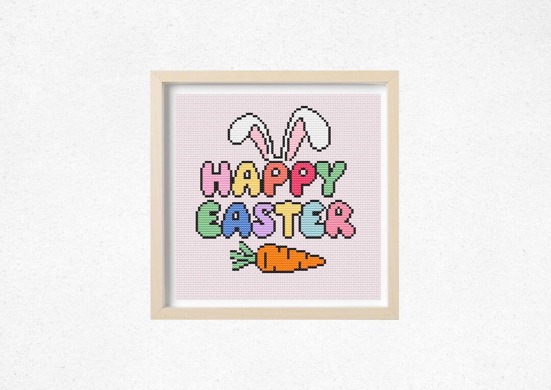 Happy Easter Cross Stitch Pattern | Bunny Ears & Carrot | Embroidery ...