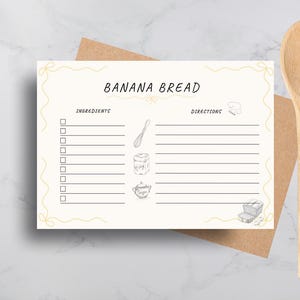 Jolie carte de recette de pain aux bananes modifiable - Modèle imprimable sur toile - 5 x 7 et 4 x 6 - Décoration de cuisine Cottagecore, cadeau de pâtisserie, souvenir de dîner