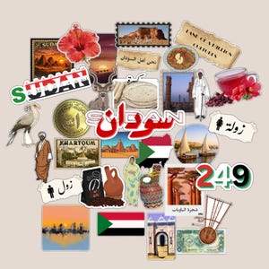 Puede incluir: Un collage de imágenes e ilustraciones relacionadas con Sudán. Incluye una flor de hibisco, un sello con un paisaje desértico, una moneda, una bandera y la palabra "SUDAN" en varias fuentes. También presenta ilustraciones de personas, comida y lugares emblemáticos.
