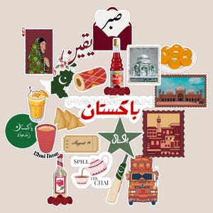 May include: A collection of stickers with Pakistani cultural elements. Includes images of a woman in traditional attire, food, stamps, a cricket bat, a truck, and text in Urdu and English. The color palette is a mix of reds, greens, and oranges.