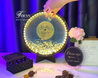 Celestial Wedding Guest Book with LED Lights, Moon & Stars Wedding Sign, Night Sky Guestbook Alternative, Personalized Starry Couple Gift