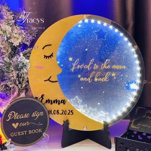 Baby Shower Guest Book Alternative with LED Light, Moon & Stars Party Decor, Under the Stars Sign, Personalized Baby Keepsake