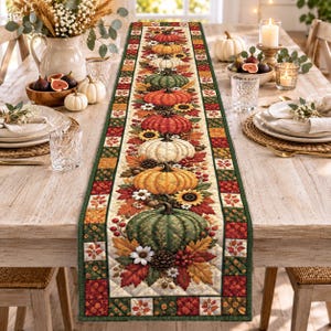 May include: A rectangular fabric table runner featuring a repeating vertical pattern of colorful pumpkins, autumn leaves, sunflowers, and berries. The design is bordered by a dark green trim and a patchwork-style edge with small leaf motifs.