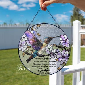 Custom Hummingbird Stained Glass Suncatcher, Mother&#39;s Day Gift Window Hanging, Loss of Grandma Gift, Remembrance Gift