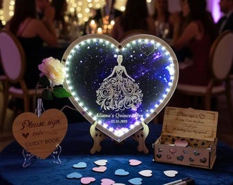 Quinceaño Party Gästebuch, Personalisiertes Herz Licht-Gästebuch, LED-Hochzeitsschild, Quinceanera Party