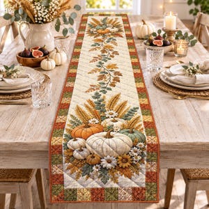 May include: A rectangular quilted table runner featuring a central print of pumpkins, wheat stalks, and white flowers on a cream background, bordered by a patchwork pattern of orange, green, and brown squares, laid flat on a wooden dining table.