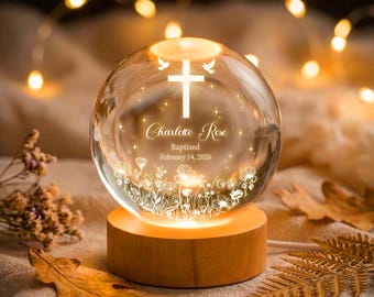 Personalized Baptism Crystal Ball Night Light, Christening Baptism Gift, Goddaughter Gift Custom Christening Keepsake, Nursery Decor
