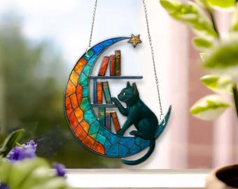 Gato Preto, Livro na Lua, Apanhador de Sol em Acrílico, Decoração para Janela de Livros, Presente para Amantes de Livros, Vitral Artificial para Pendurar em Janela para Amantes de Livros, Decoração para Casa